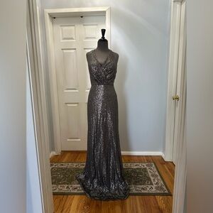 Christina Wu Gunmetal Sequin Halter Evening Gown